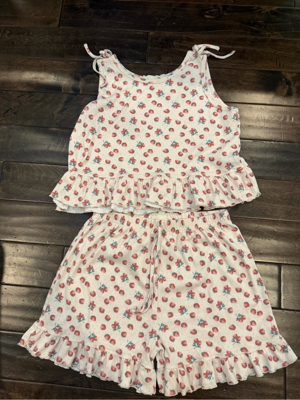 Girls White Strawberry Ruffle Tank & Shorts Set - Soft Summer Two-Piece